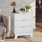 Night Stand Set 2, Bedside Table & End Table, Mid Century Modern Fluted Wood Nightstand with 3 Drawers & Metal Handles, Farmhouse Nightstand for Bedroom, White