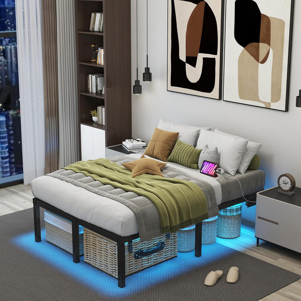 King Size Bed Frame King Platform Bed Frame with LED Lights 14 Inch Tall Matt...