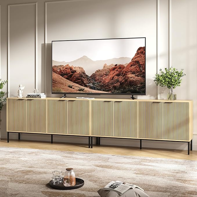 TV Stand for 120" TV, Mid Century Modern 126'' Television Stand, Entertainment Center with Storage and Adjustable Shelves, Media Console TV Cabinet for Living Room