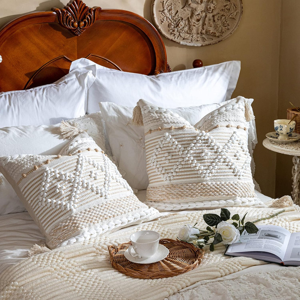 BlissBlush Cream White Boho Throw Pillow Cover 20X20, Boho Woven Textured Pil...