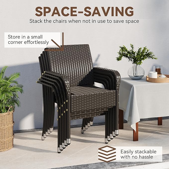 Yaheetech Set of 4 Stackable Outdoor Rattan Dining Chairs, All-Weather Armchair w/Armrests, Steel Frame for Garden, Patio, Deck, Yard, Poolside, Brown