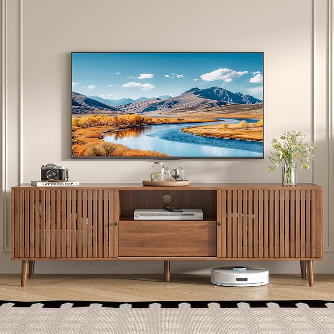 Mid Century Modern TV Stand for Televisions up to 70 Inches, with Sliding Doors and Storage, Television Stands, TV Consoles, Media Consoles for Living Room(Walnut-70inch)