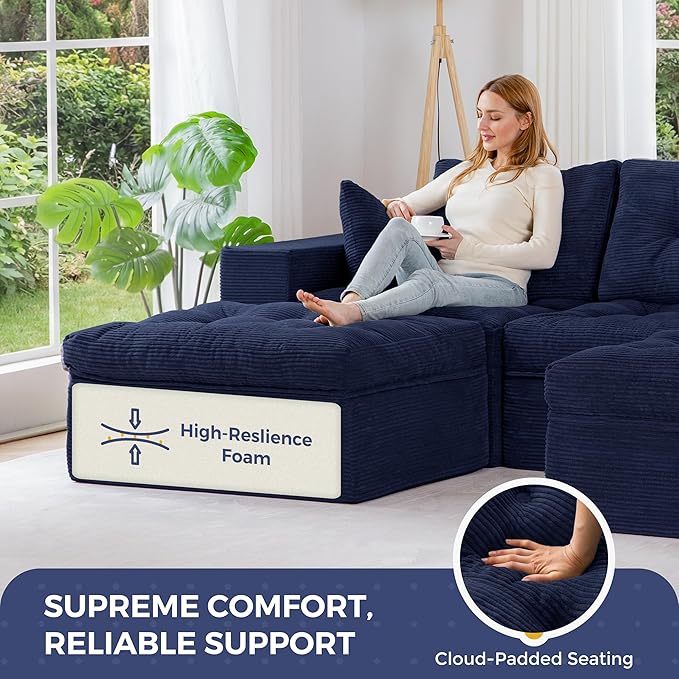 MAXYOYO 104" U Shaped Modular Sectional Sofa with 2 Ottomans, Cloud Boneless Couch with Layered Cushion, Flexible Module Combination Sofa for Living Room, No Assembly Required, Navy