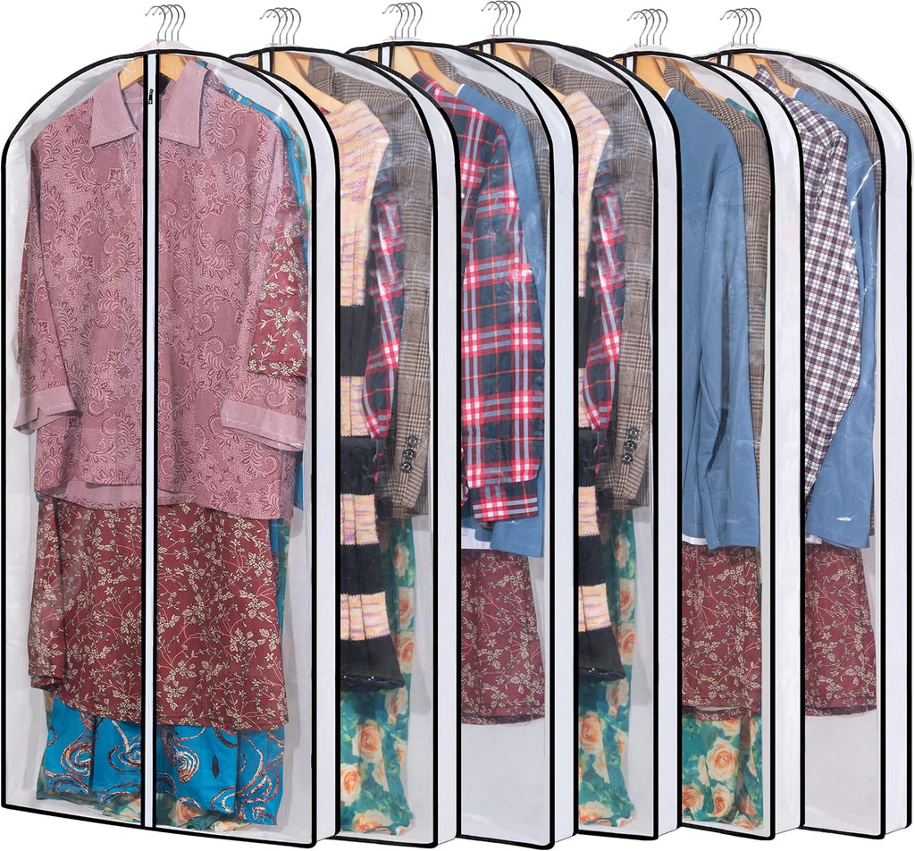 MsKitchen Hanging Clothes Storage with 4" Gusseted Garment Covers (Set of 6) - Clear Suit, Gown, Long Coat, Dress Protectors for Closet - 24"x 50"x 4" / 6 Pack