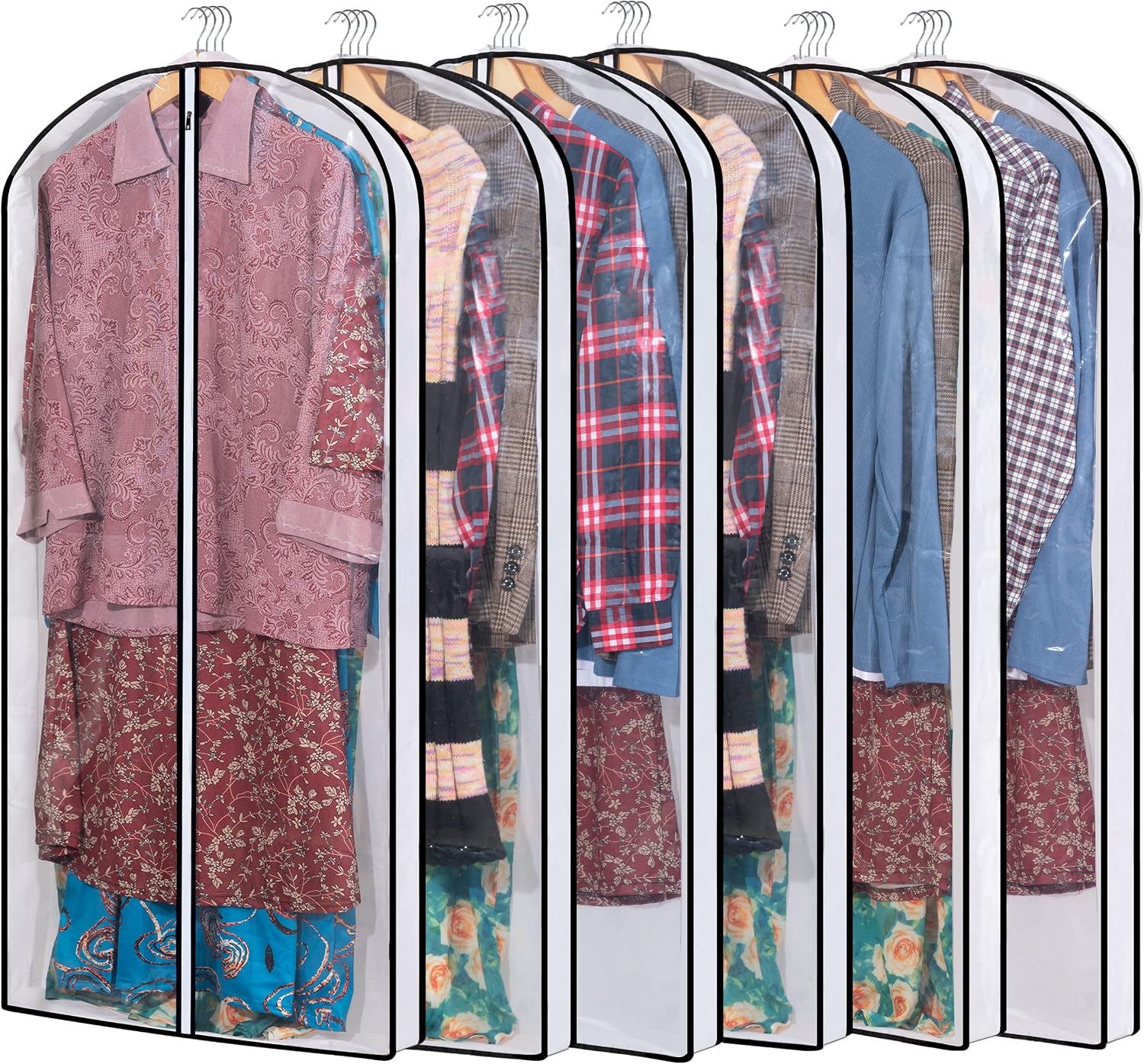 MsKitchen Hanging Clothes Storage with 4" Gusseted Garment Covers (Set of 6) - Clear Suit, Gown, Long Coat, Dress Protectors for Closet - 24"x 50"x 4" / 6 Pack