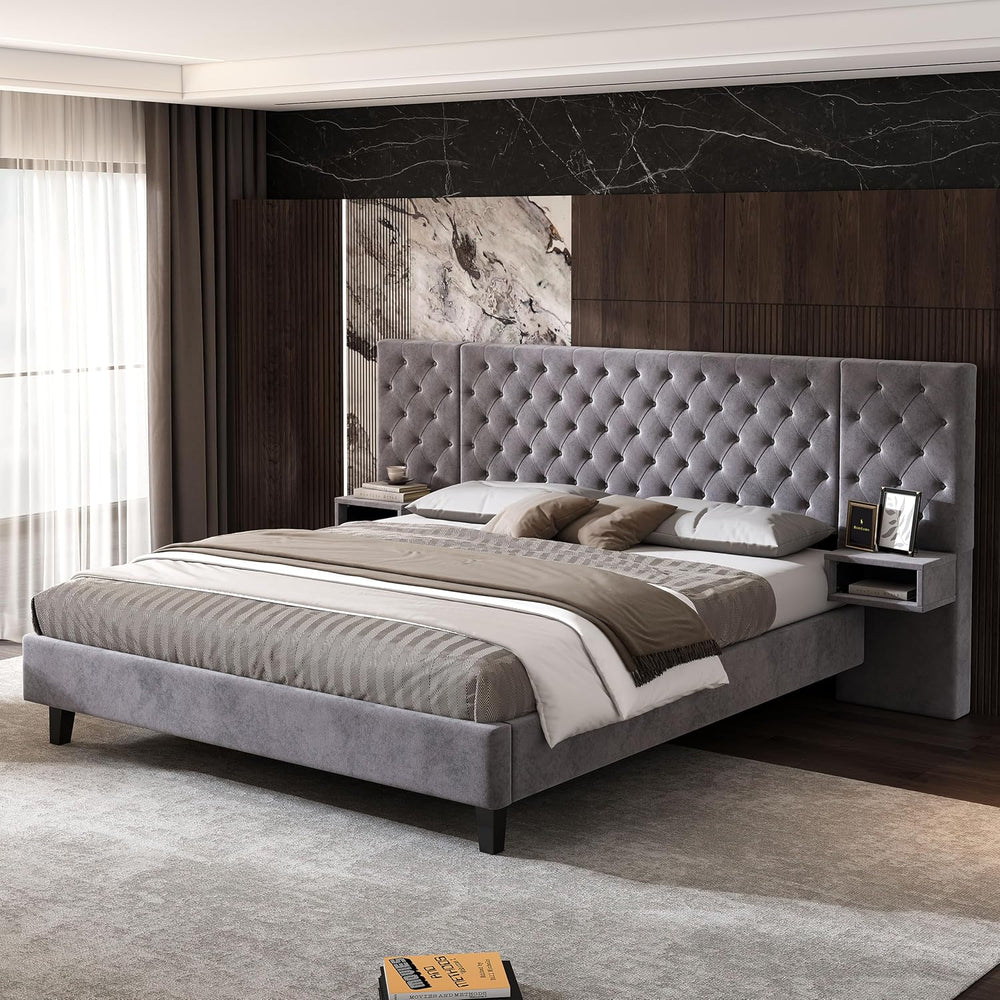 King Size Platform Bed with Headboard, Velvet Upholstered Platform Bed with 2...