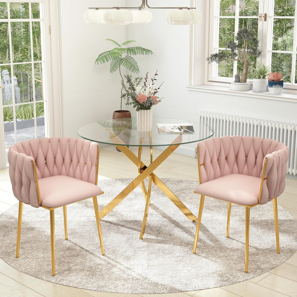 Gold Luxury Round Glass Dining Table Set for 2, 3 Pcs Clear Circle Glass Top ...