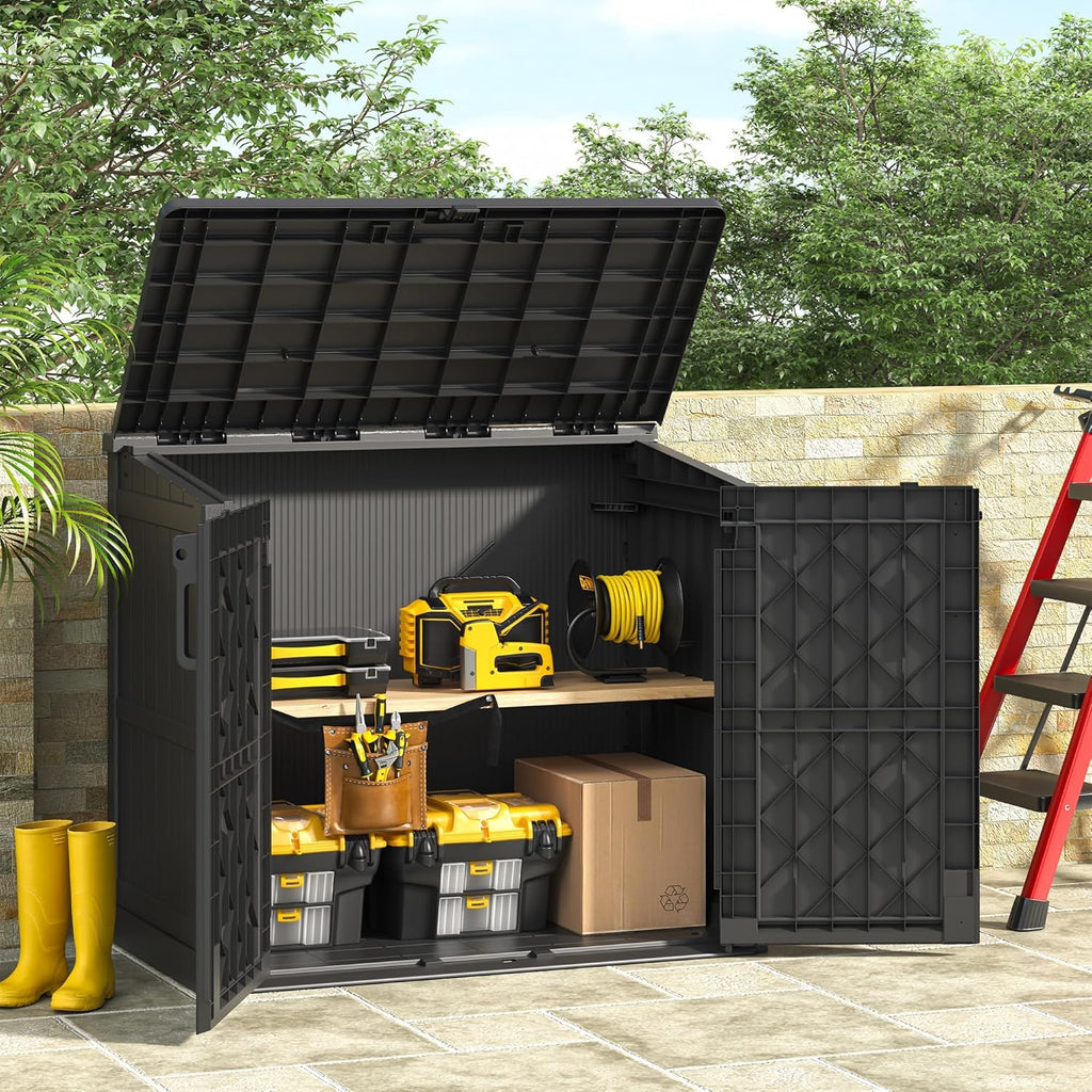 36 Cu Ft Resin Outdoor Storage Shed, Weatherproof Horizontal Outdoor Storage Cabinet with Dual Lock Door for Backyard, Patio, Garage, Garden(Black)