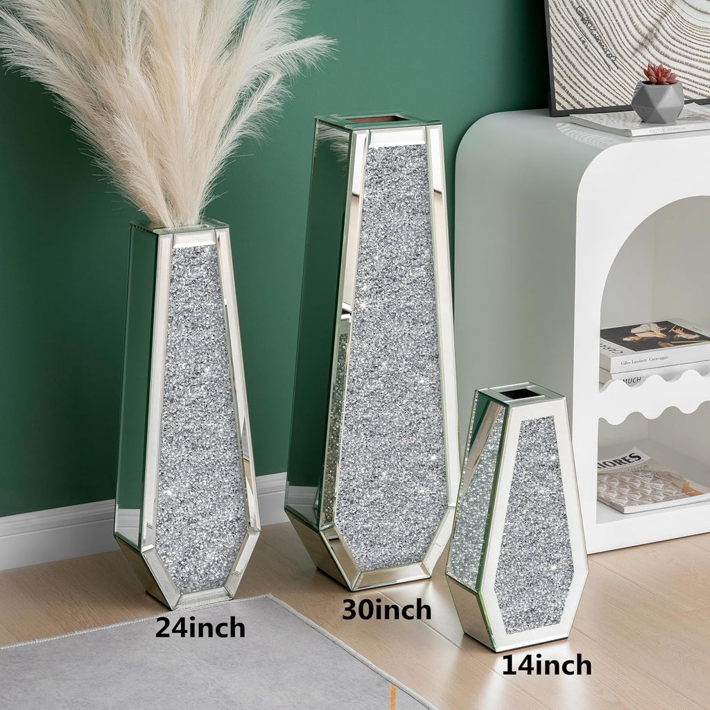 SHYFOY 30" Floor Vase Crushed Diamond Mirrored Vase Silver Tall Vases for Floor, Large Crystal Glass Decorative Floor Vases for Living Room Office Corner Hallway Home Decor