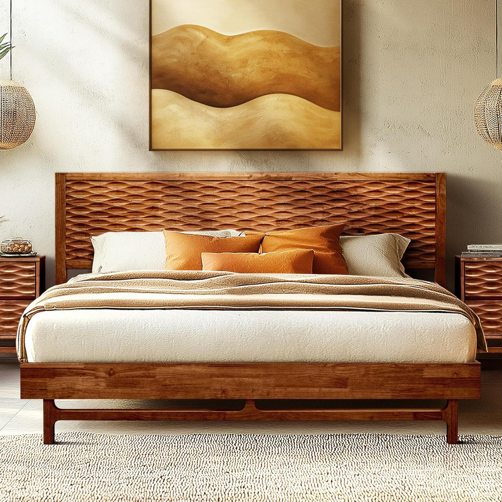 Acacia Elara Wood Bed Frame with CNC-Carved Headboard, Queen Size, Walnut