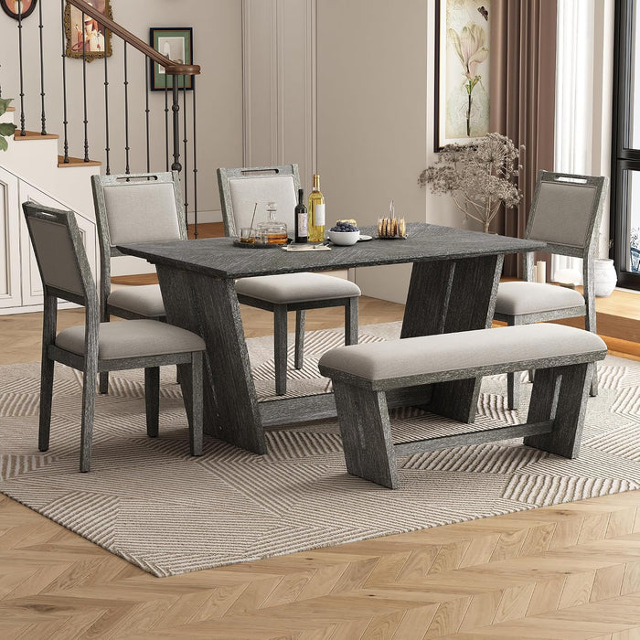 Merax 6-Piece Retro Dining Set with Table, 4 Chairs, Bench, Antique Gray