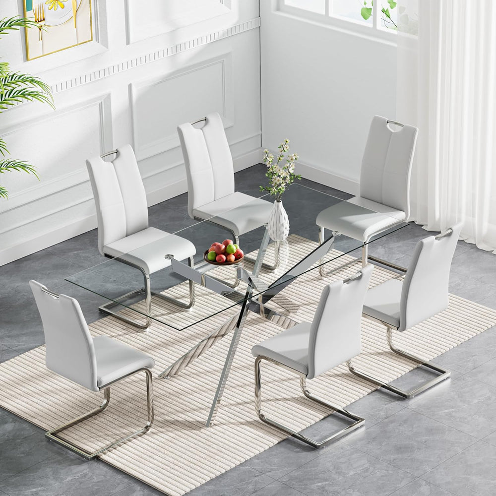 Modern Glass Dining Table Set for 6, 60" Glass Kitchen Table and Chairs ...
