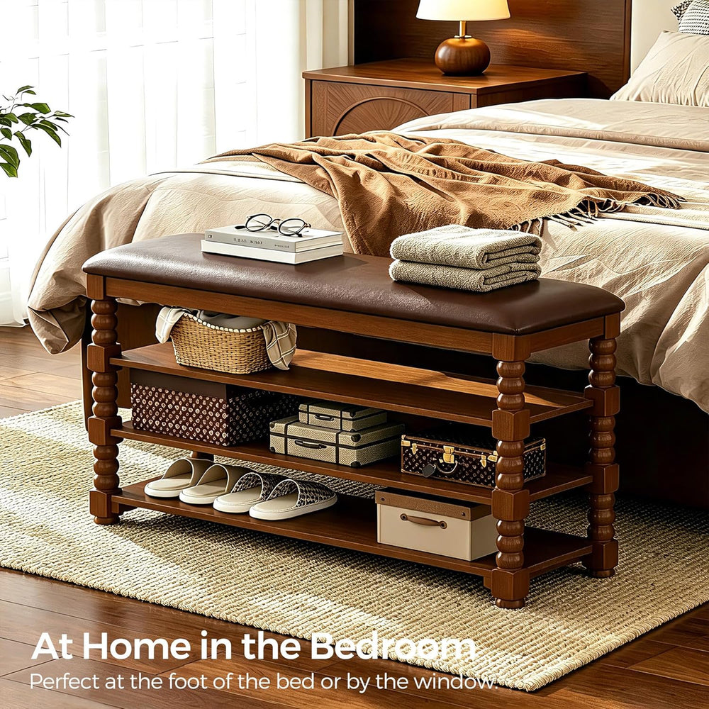 Homleke Solid Wood Shoe Storage Bench with Cushion,Classic Turned Ball Legs |...