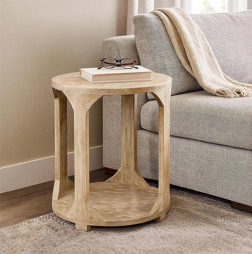 Moti Jenna Round End Table with Shelves in Coastal Natural Solid Wood