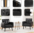 Yaheetech Mid-Century Accent Chairs, PU Leather Modern Upholstered Living Room Chair, Cozy Armchair Button Tufted Back and Wood Legs for Bedroom/Office/Cafe Black
