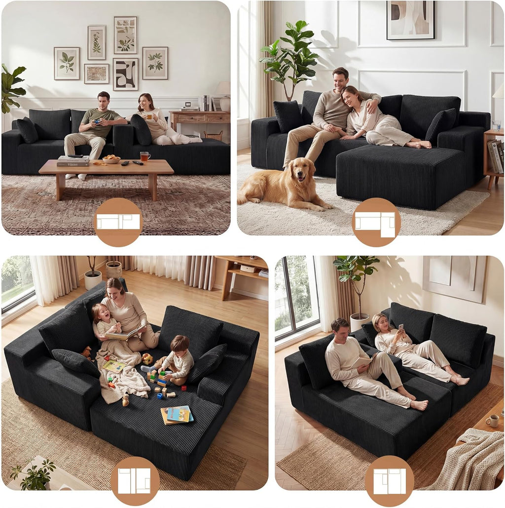 GRUSIGN Cloud Sectional Boneless Couches for Living Room, Modular L Shaped Couch with Deep Seat Oversized Right Facing Chaise, Memory Foam Compressed Spineless 3 Seater Sofa for Apartment, Black