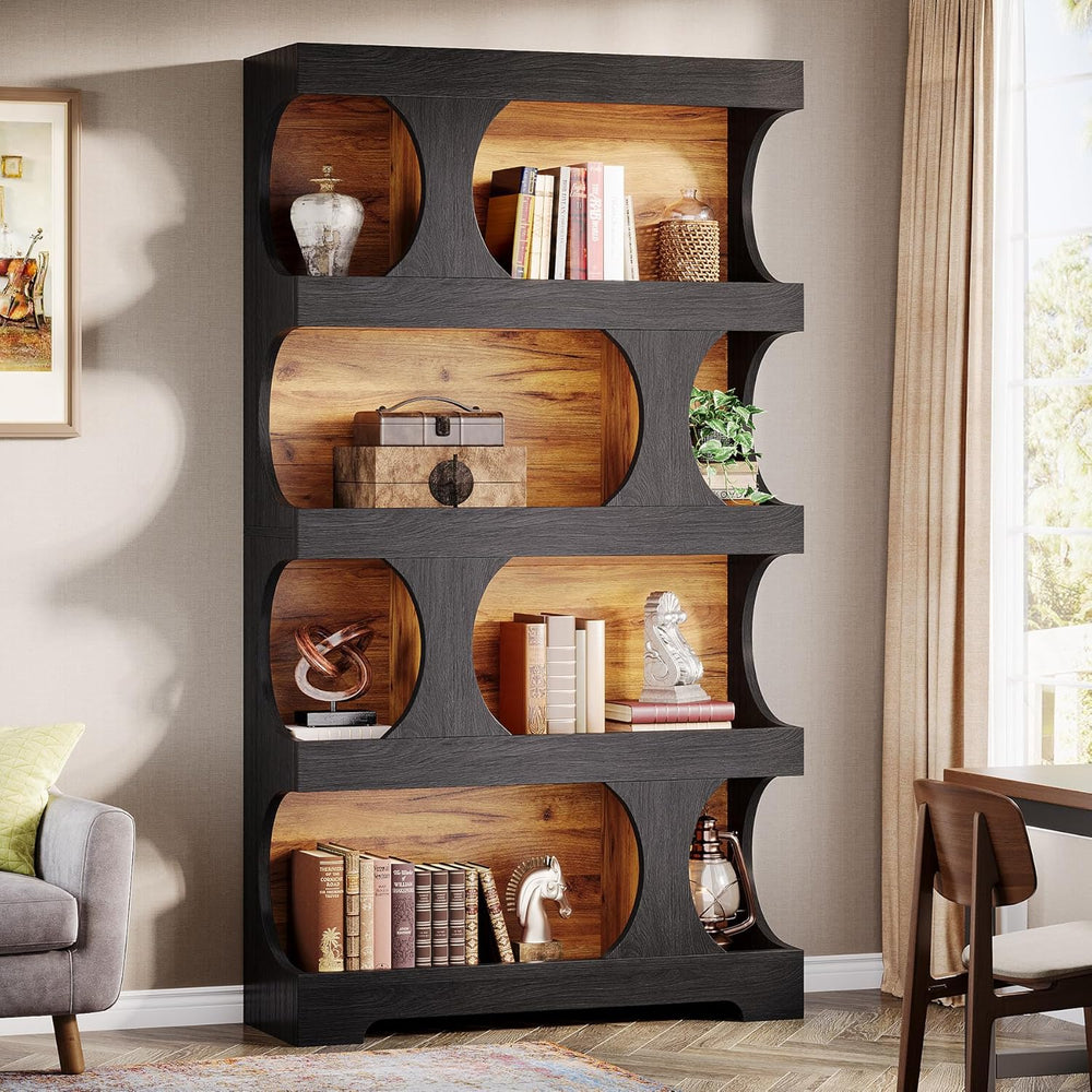 Tribesigns 71" Tall Black Bookcase, Modern Asymmetrical Bookshelf, 4-Tie...