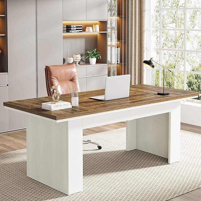 Tribesigns 63" Executive Office Desk, Modern Computer Desk for Home Office, Easy Assembly, Brown and White
