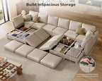 SITJOY 172" Faux Leather Modular Sectional Sofa with Storage, Mid Century Modern Sectional Couches for Living Room, Soft Padded Armrests, Oversized 14 Seat U Shaped Couch with Chaise, Greige