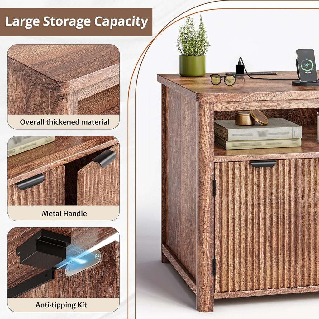 Fluted Nightstands Set of 2 with Charging Stations, 23.6" Wide Walnut Nightstand with Storage Drawers, Side Tables, Modern Farmhouse End Tables for Bedroom, Walnut Brown
