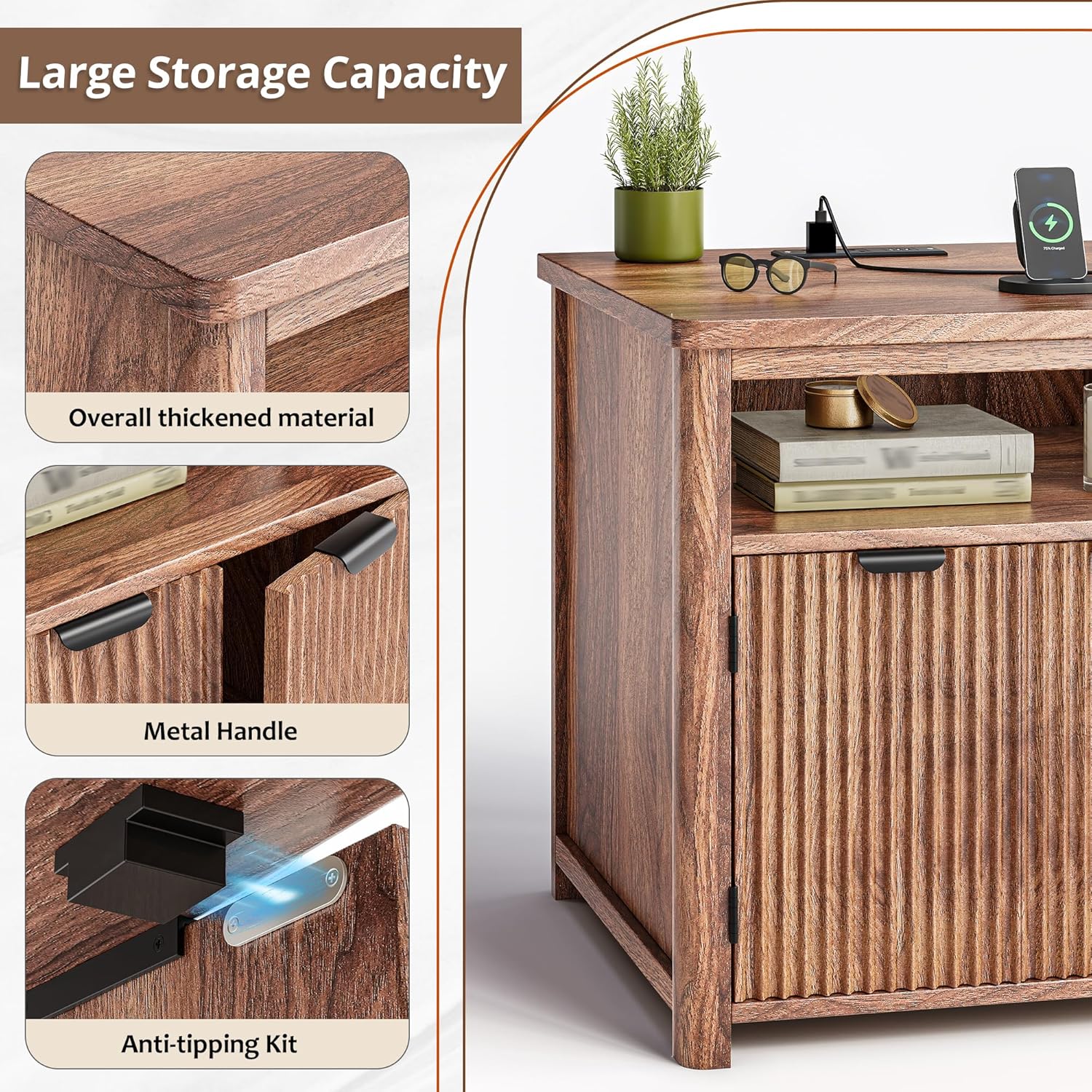Fluted Nightstands Set of 2 with Charging Stations, 23.6" Wide Walnut Nightstand with Storage Drawers, Side Tables, Modern Farmhouse End Tables for Bedroom, Walnut Brown