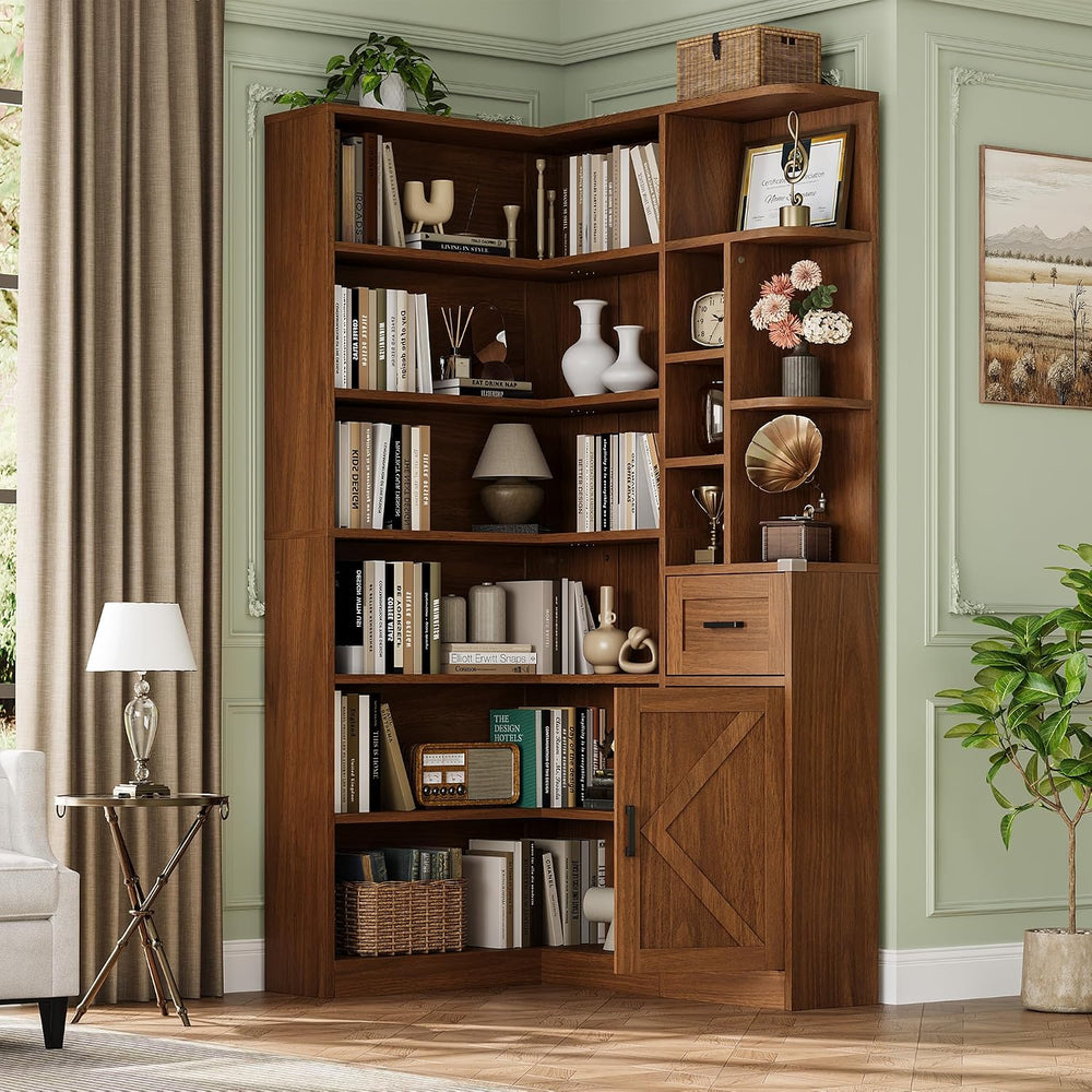 Garvee 74'' Tall Corner Bookshelf- 6-Tier Book Shelf with Drawer &amp...