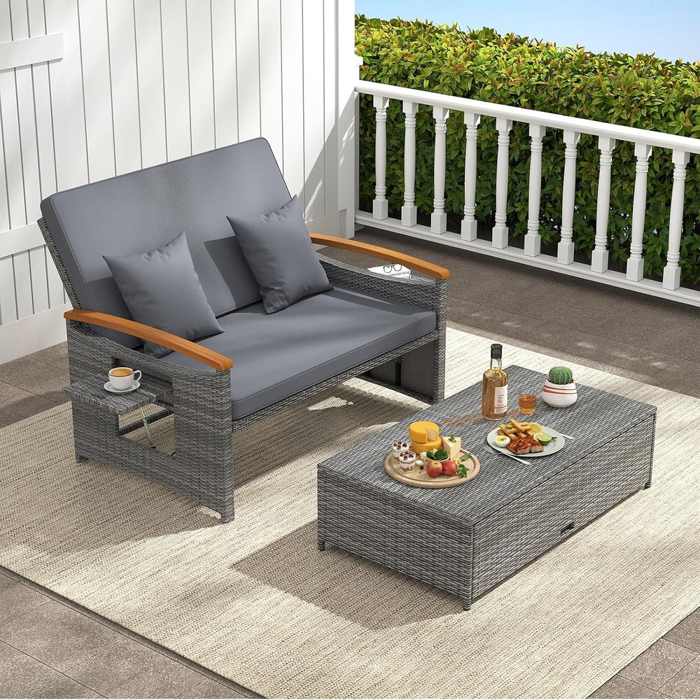 HAPPYGRILL Outdoor Wicker Sofa Daybed, Rattan Loveseat with Folding Panels &a...