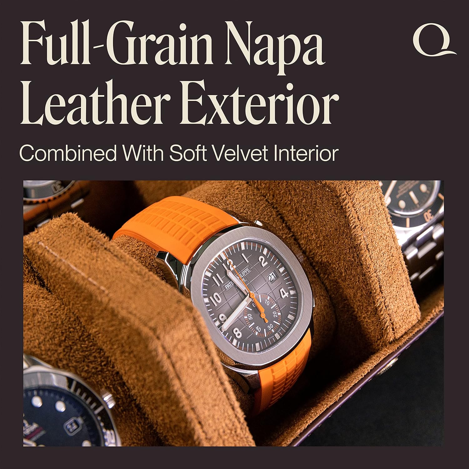 QWATCHBANDS Napa Leather Watch Case for Men - Watch Roll Storage Organizer & Watch Display - Six Slot Luxury Watch Box for Home or Travel - Mens 6 Watch Holder Case (Brown Tan)
