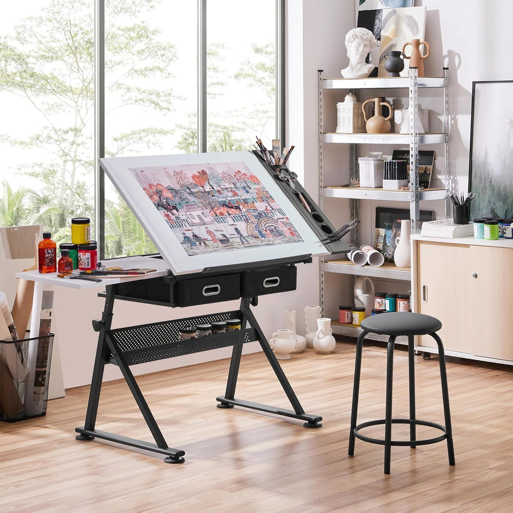 Yaheetech Adjustable Drafting Table Art Desk,Storage Drawers & Stool,Whit...