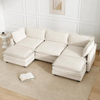 112'' Sectional Modular Cloud Couch, Oversized 5 Seat Couches U Shaped Sofa with 2 Movable Ottomans, 2 Throw Pillows, Upholstered Corduroy U Shape Comfy Deep Couches for Living Room and Office, Beige