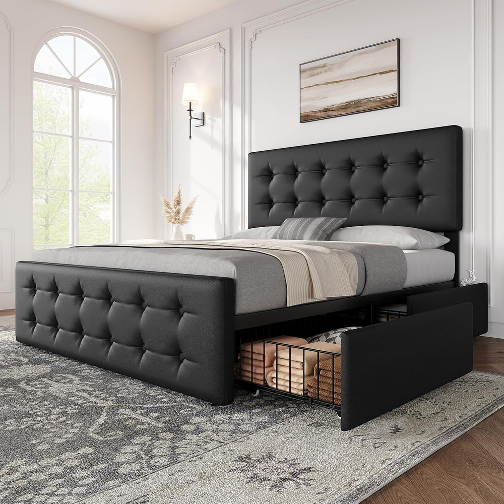 IDEALHOUSE Queen Size Bed Frame with 4 Storage Drawers and Headboard, Black