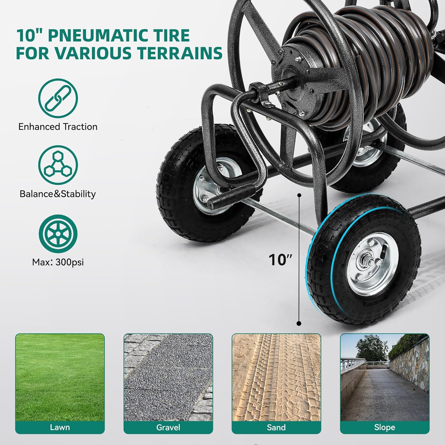 Garden Water Hose Reel Cart - 250 ft. Capacity, 10" Pneumatic Tires, Powder-Coated Steel Frame for Tangle-Free Garden Hose Storage