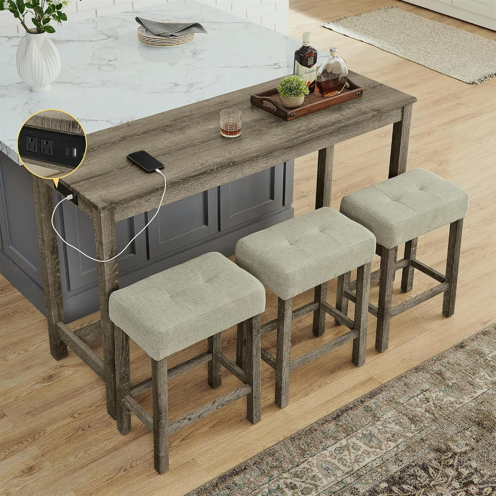 Merax 59" Bar Table Set with Power Outlet,Industrial Breakfast Table wit...