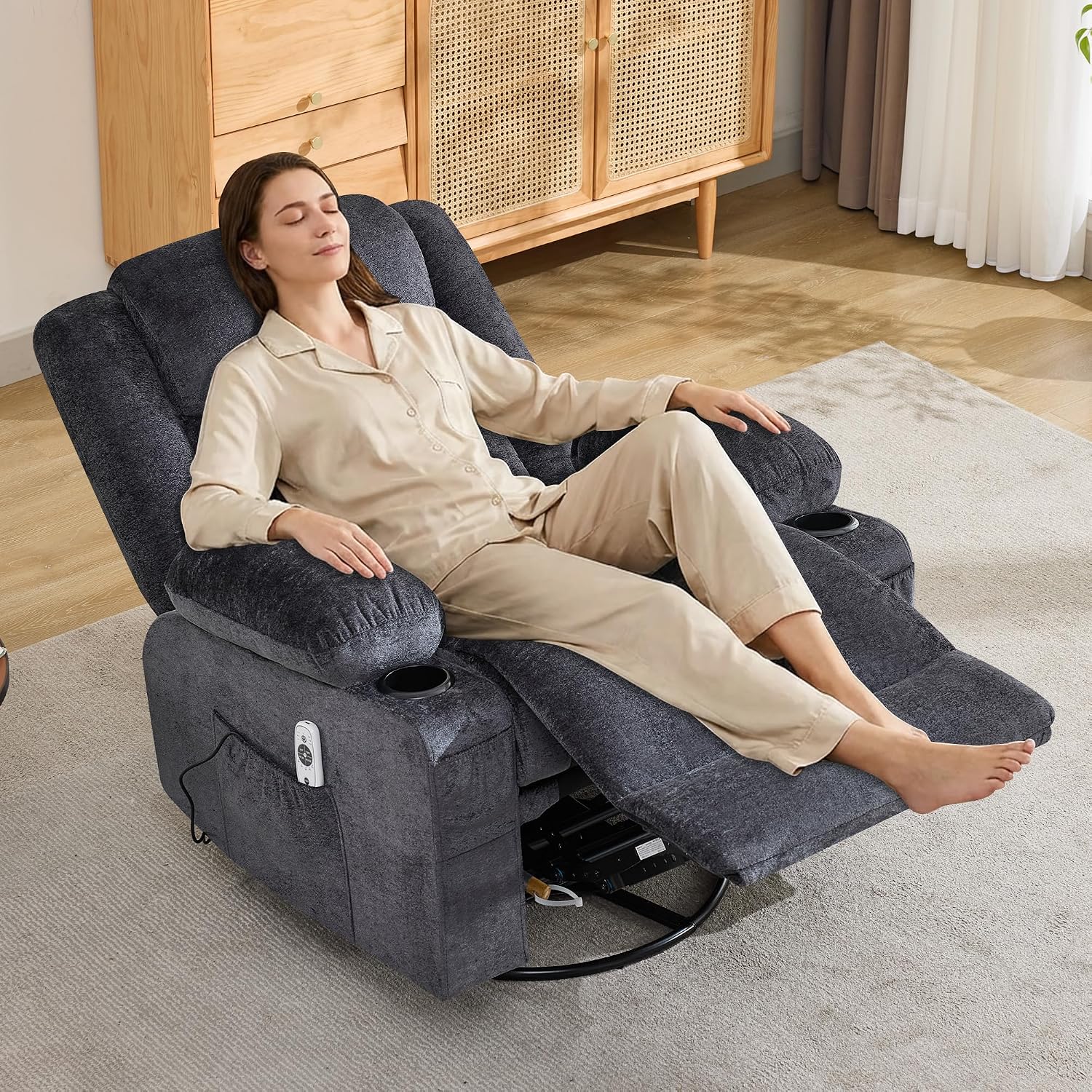 Swivel Recliner Chair for Adults,Oversized Rocker Recliner with Massage and Lumbar Heat,Rocking Chair with Side Pocket,2 Cup Holders,for Living Room
