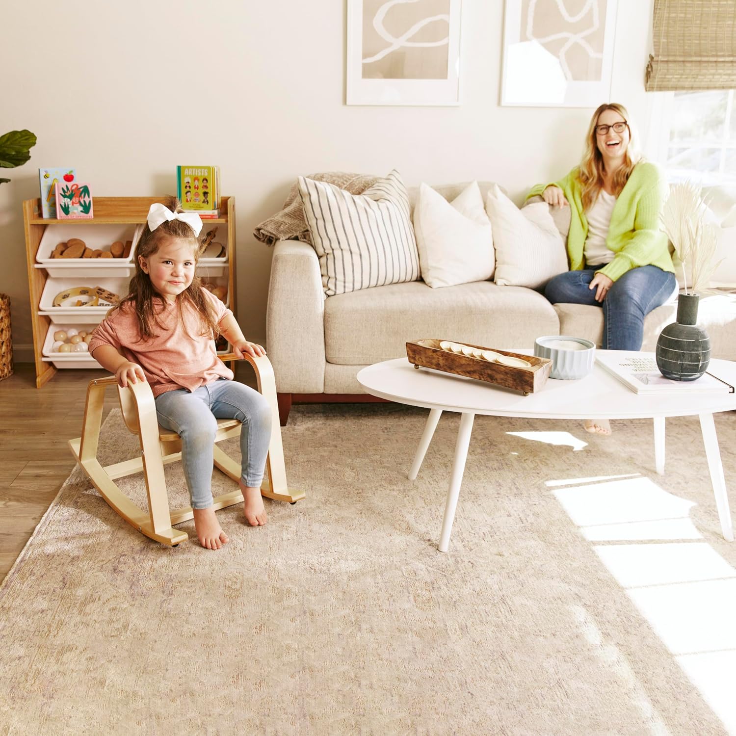ECR4Kids Bentwood Rocking Chair with Armrests and Cushion, Natural | Durable birch, GREENGUARD Gold Certified, 2-5 years, 74 lb capacity, Montessori seating, plush sherpa cushion, classroom/home