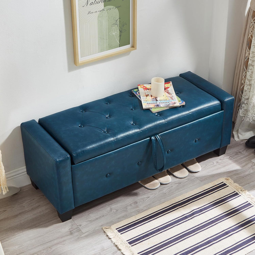 48" Storage Ottoman Bench, Blue | Faux Leather, Lift Top, For Living Roo...