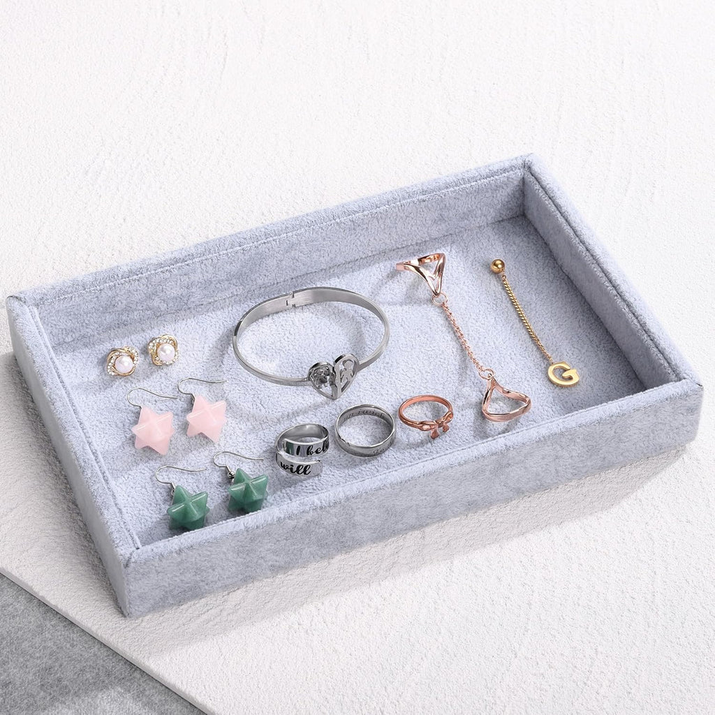 Mornajina 9" x 5.7" Velvet Jewelry Tray Jewelry Display Tray, Stackable Empty Plate Trays for Earrings Necklaces Bracelet Rings Display Showcase - Grey