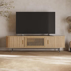 POVISON Fully-Assembled Mid Century Modern TV Stand for 75 inch TV, Sliding Door Entertainment Center with Storage, Wood TV Console, Media Console for Living Room Bedroom(Oak, 78.74")