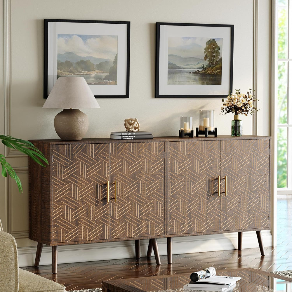 Sideboard Buffet Cabinet with Storage, Elegant Wood Accent Cabinet with Line ...
