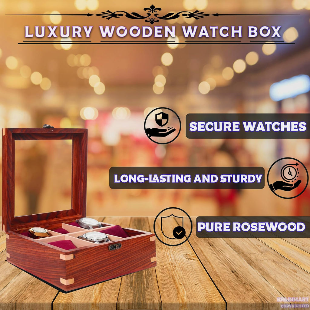Wooden Watch Box for Men & Women, Watch Organizer & Display Case, Premium Long-Lasting Watch Holder for Storage, Elegant Gift for Watch Collectors (Glass Top, 6 Slots)