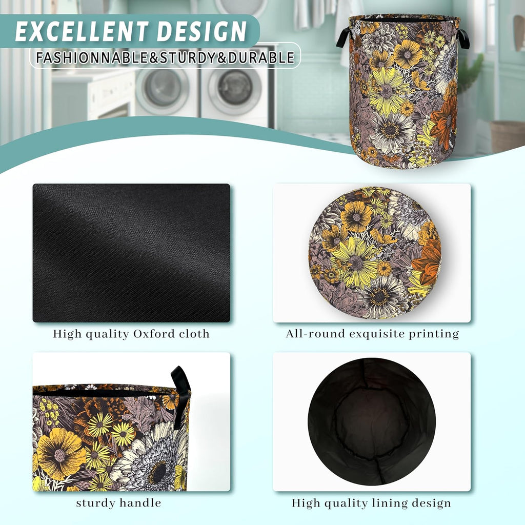 Retro Sunflower Flower Laundry Hamper With Handles Foldable Oxford Cloth Daisy Floral Tote Bag Colorful Laundry Basket Clothes Toy Storage Bucket 8.9"x16.5"For Bathroom/Laundry/Bedroom