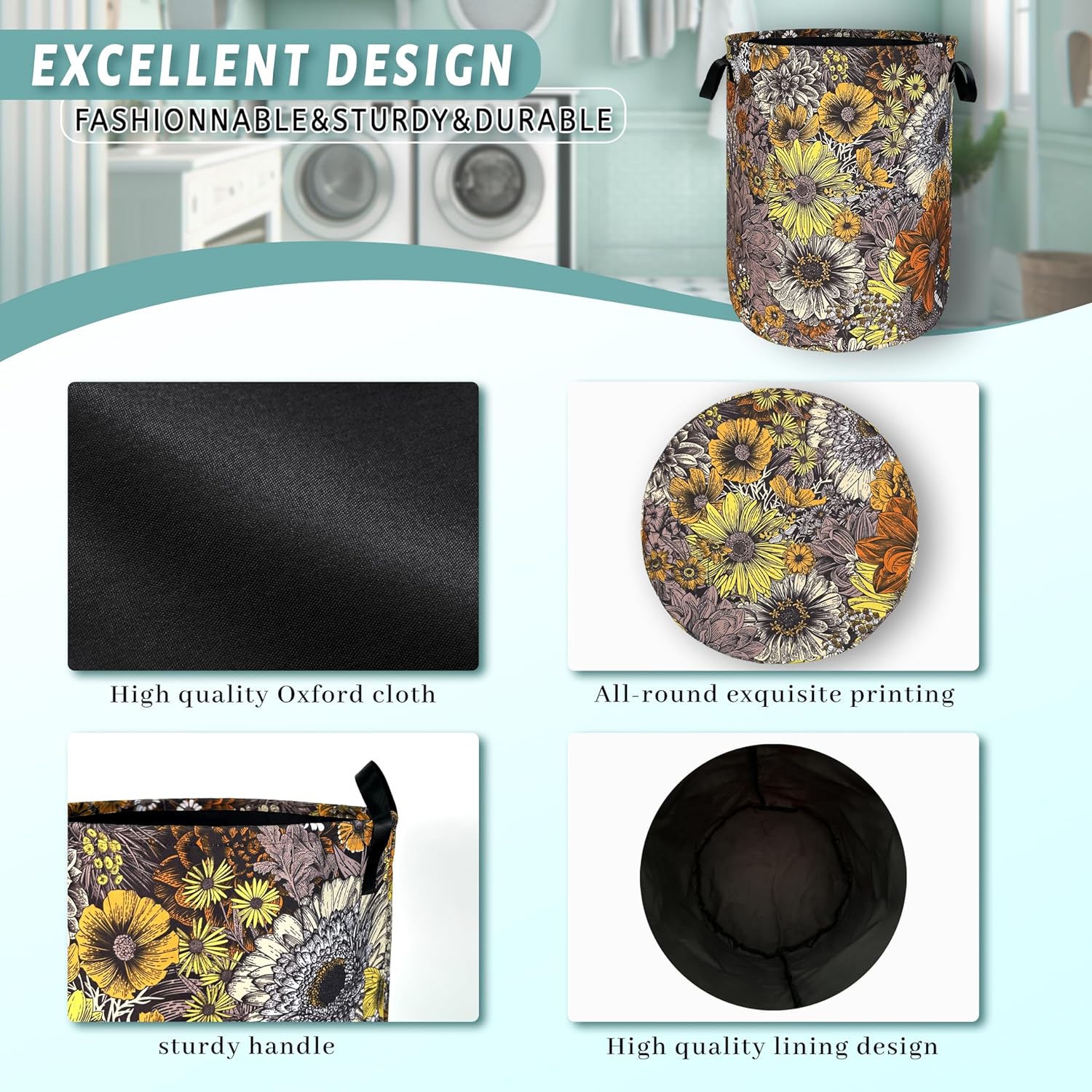 Retro Sunflower Flower Laundry Hamper With Handles Foldable Oxford Cloth Daisy Floral Tote Bag Colorful Laundry Basket Clothes Toy Storage Bucket 8.9"x16.5"For Bathroom/Laundry/Bedroom