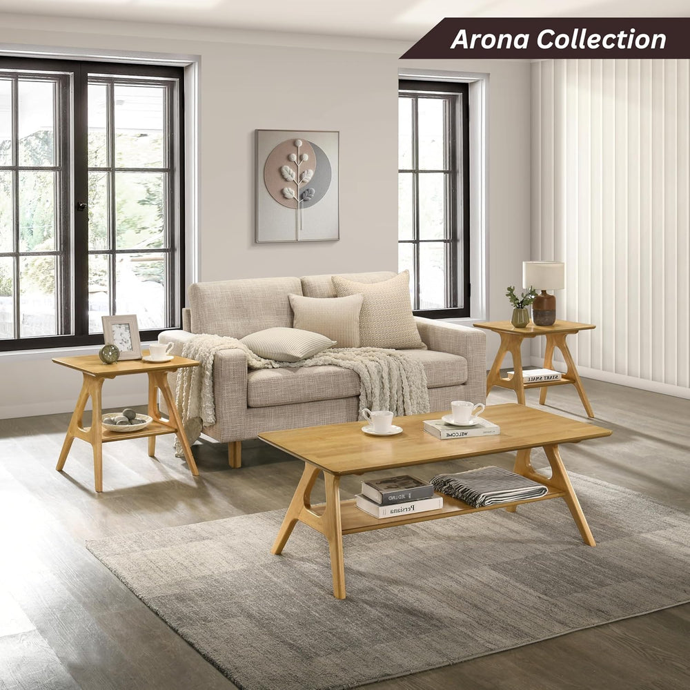 Roundhill Furniture Arona Mid-Century Modern Wood Shelf End Table, Natural Oa...