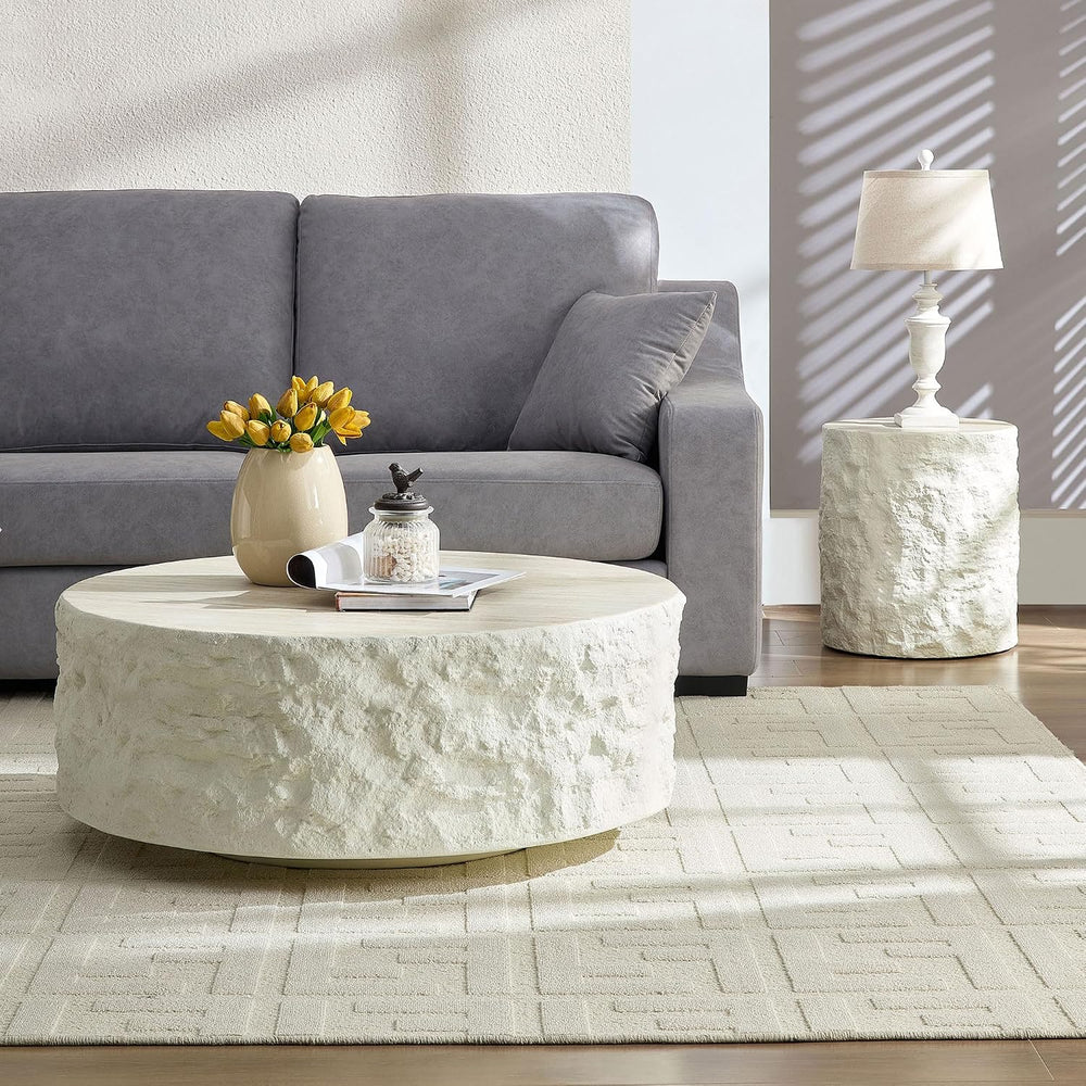 Round Side Table End Table for Living Room, Modern Contemporary Faux Stone St...