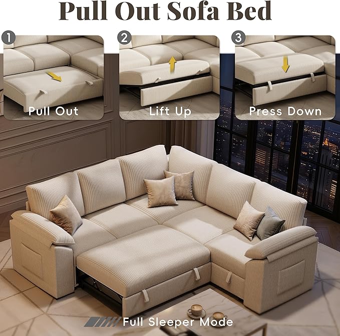 85 Inch Modular Sectional Sofa with Pull Out Couch Bed, L Shaped 5 Seat Sectional Couch with Storage, Corduroy Sectional Couches for Living Room, Cloud Modular Couch, Removable Sofa Cover, Beige