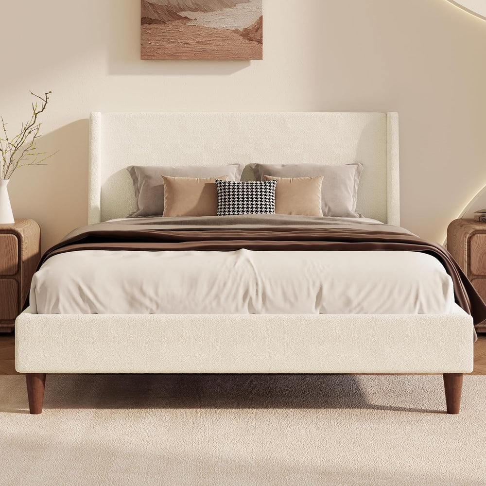 Modern Boucle Upholstered Platform Bed, with Wingback Headboard and Walnut Wo...
