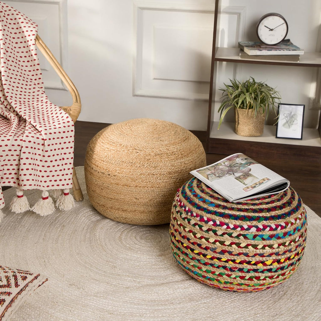 · REDEARTH · Braided Jute Cotton Pouf - Circular Boho Ottoman - Multi | Jute with Cotton Pouf, 19.5"x19.5"x14"; Braided Boho Pouffe, Doubles as Foot Rest for Living Room, Patio, Outdoor, Bedroom