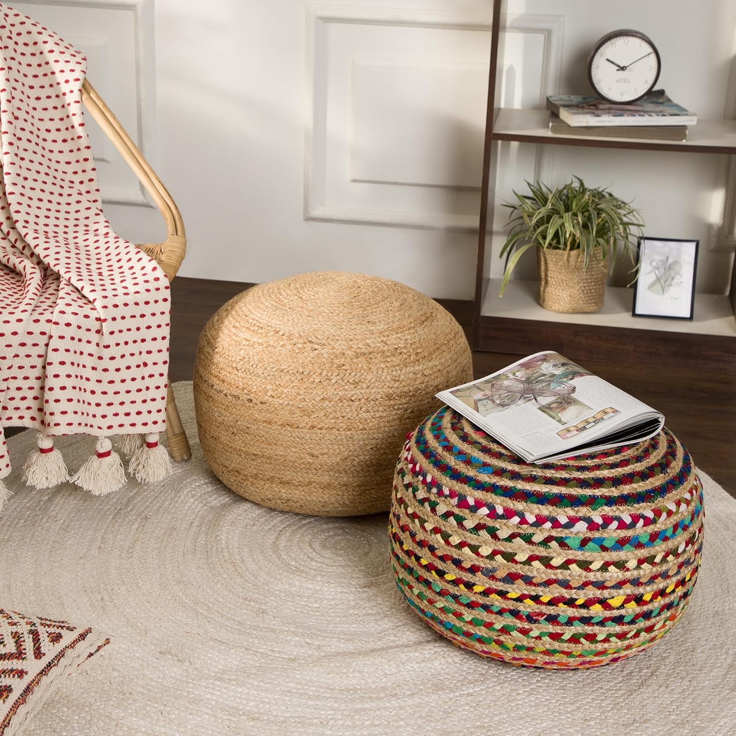 · REDEARTH · Braided Jute Cotton Pouf - Circular Boho Ottoman - Multi | Jute with Cotton Pouf, 19.5"x19.5"x14"; Braided Boho Pouffe, Doubles as Foot Rest for Living Room, Patio, Outdoor, Bedroom