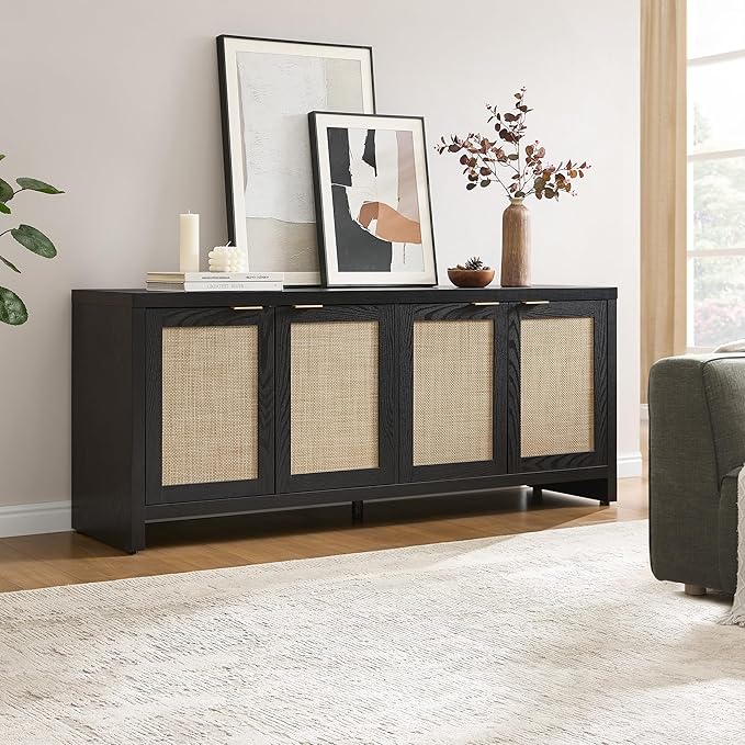 SICOTAS TV Stand for Living Room Boho Entertainment Center for Bedroom with 4 Rattan Cabinets Farmhouse Television Stands with Storage Large Media Console Table for TVs up to 65 Inch