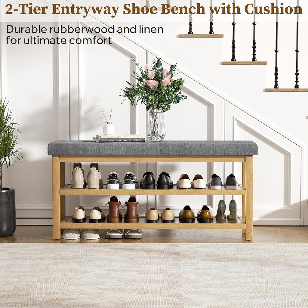 2 Tier Shoe Rack Bench with Cushion, Rubberwood Shoe Benches, Mid-Century Modern Shoe Storage Bench for Entryway, Hallway, Living Room, Closet, Front Door Entrance, Dark Grey